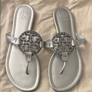 Like new Tory Burch Metallic Silver Jeweled Miller Sandals